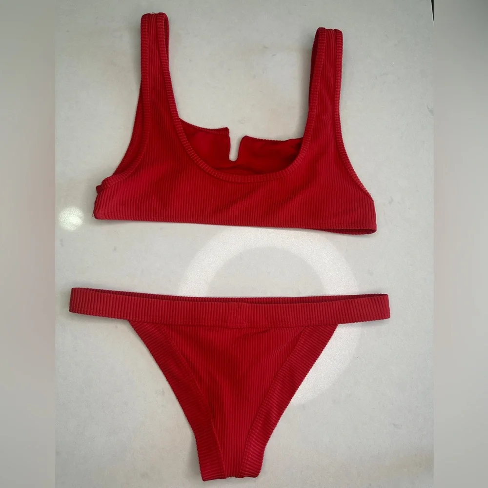 Frankies Bikinis Red Cole Cutout Ribbed Bikini Set Luxury Swim M/L